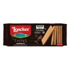Loacker Thins fondente, hauchdünne Waffelblättchen gefüllt mit köstlicher zartbitter Schokolade-Creme.
