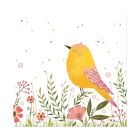 Frühlingshafte Papierservietten mit gelbem Vogel zwischen Blumen und feinen Naturdetails.