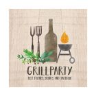 Papierservietten mit Grillmotiv, Weinflasche und Besteck in natürlicher Holzoptik.