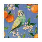 Serviette mit buntem Wellensittich, Orangen und Blüten – Design „Perruche et Oranges“ von Sophie Adde, ideal für sommerliche Tischdeko.