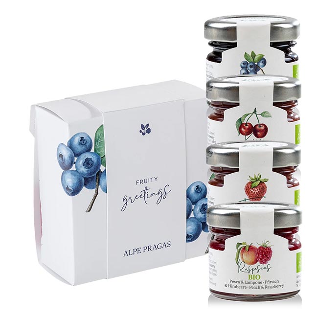 "Alpe Pragas Fruchtgenuss Mini-Selection" Geschenkkarton mit Fruchtaufstrichen BIO 4 x 30g