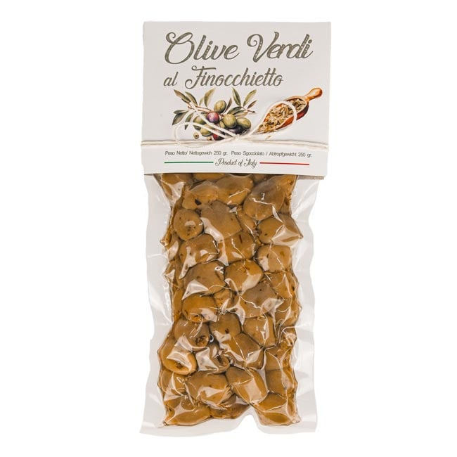 "Olive verdi al Finocchietto" grüne Oliven mit Fenchelsamen 250g