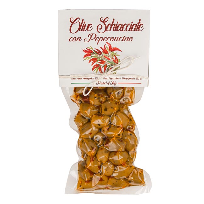 "Olive schiacciate con peperoncino" grüne Oliven mit Chili 250g