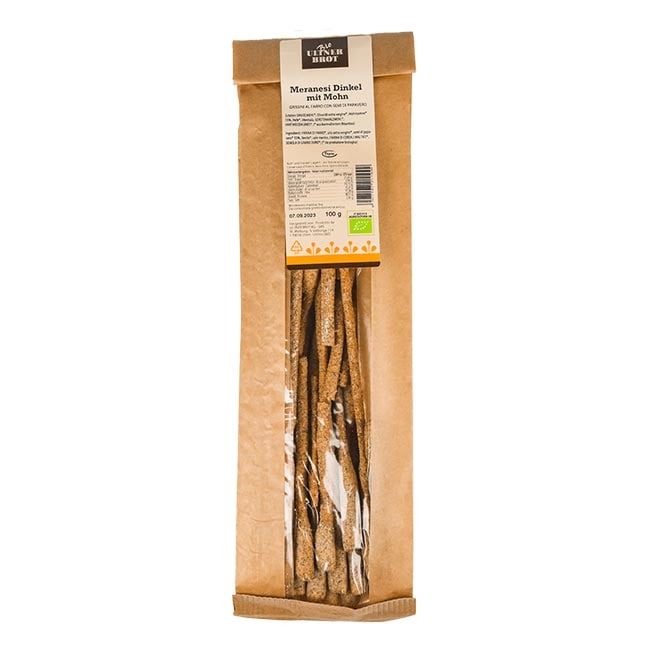 "Meranesi Grissini Dinkel mit Mohn" handgerollte Brotstangen BIO 100g