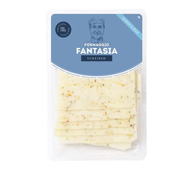 "Formaggio Fantasia" Basilikum-Chilikäse aus Kuh-Schafmilch in Scheiben 110g