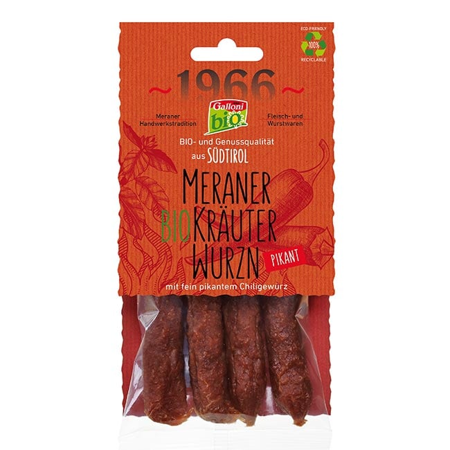 "Pikant Meraner Kräuterwurzn" Kaminwurzen mit Chili BIO 4 Stück à 0,10kg